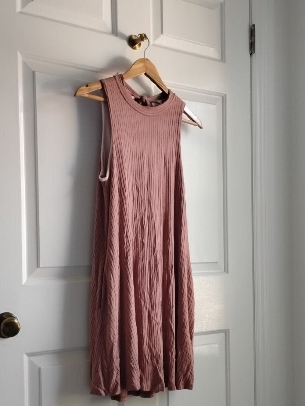 PPLA Ribbed Sleeveless Midi Dress in Dusty Rose with Tie-Back